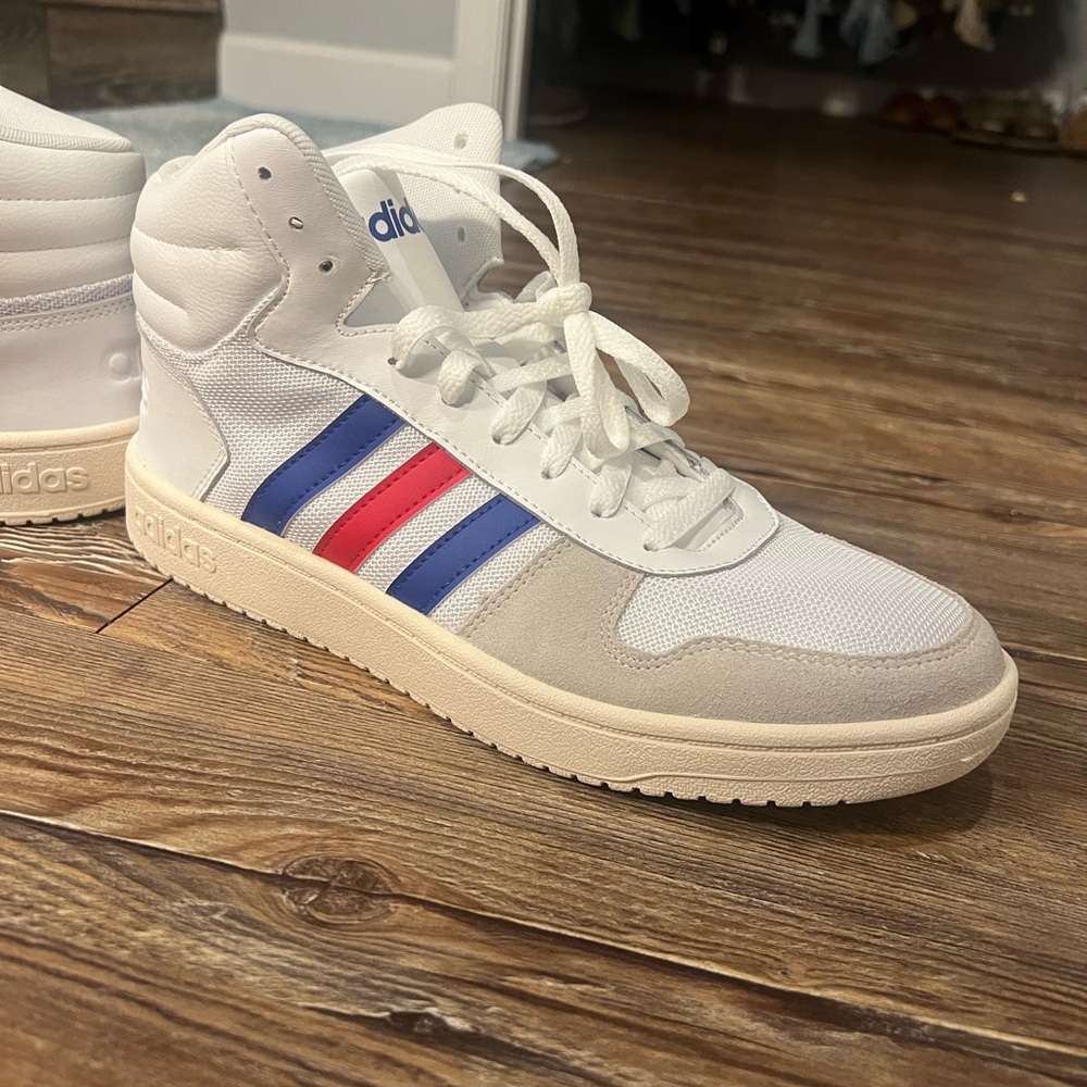 adidas Hoops 2.0 Mid White Blue Red 9.5 men’s